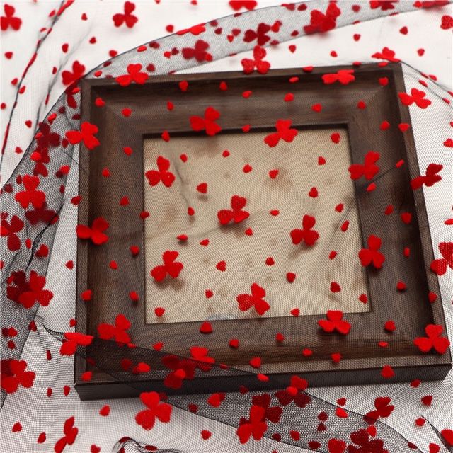 90% nylon and 10% spandex velvet red three petal flower heart mesh fabric
