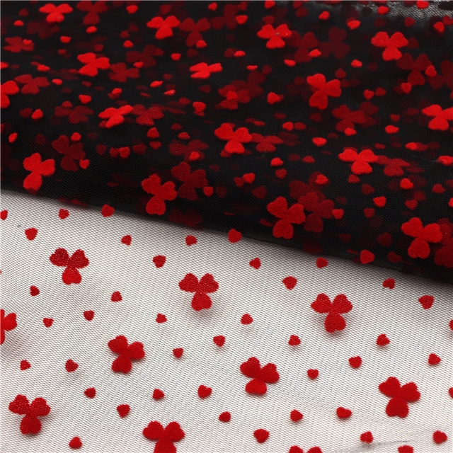 90% nylon and 10% spandex velvet red three petal flower heart mesh fabric