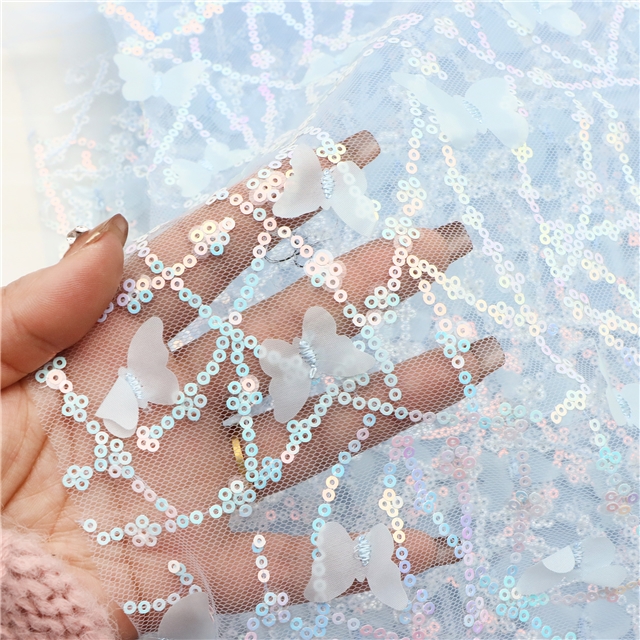 sequin embroidered butterfly flower mesh fabric