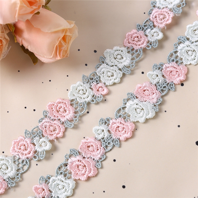 rose blossom embroidery water soluble lace green pink small edge,1yard