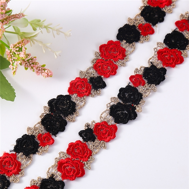 rose blossom embroidery water soluble lace red gold small edge,1yard