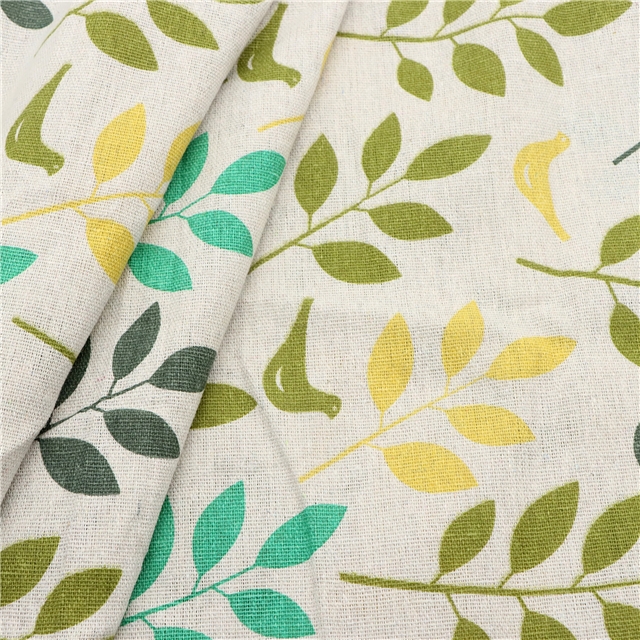 yellow twig bird linen printed fabric
