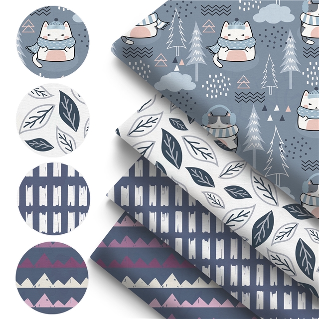 polyester cotton geometric leaf cat series polyester cotton fabric set (4 pcs/set)