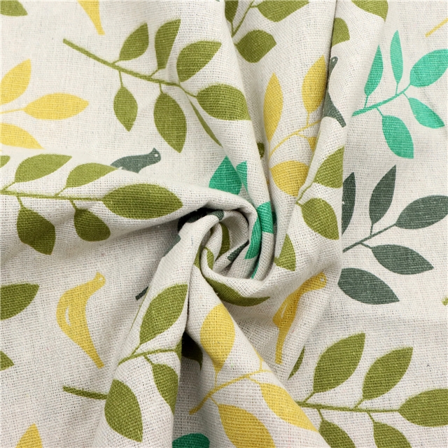 yellow twig bird linen printed fabric