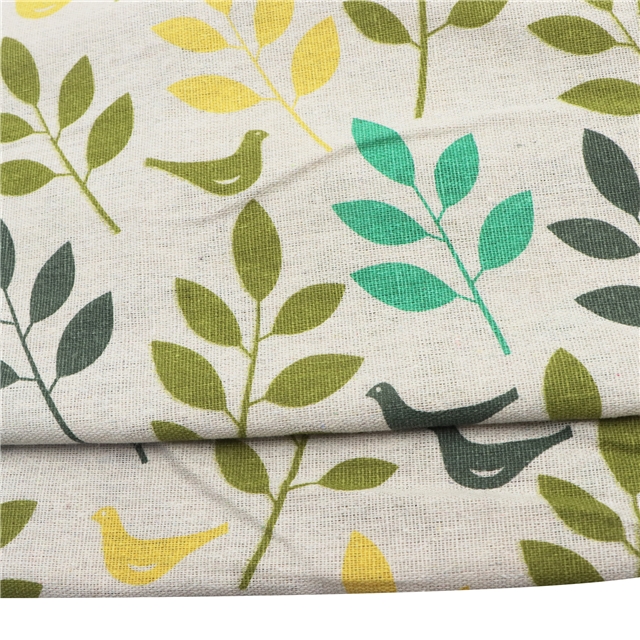 yellow twig bird linen printed fabric