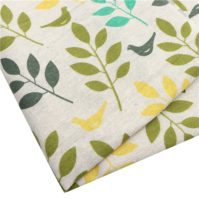 yellow twig bird linen printed fabric
