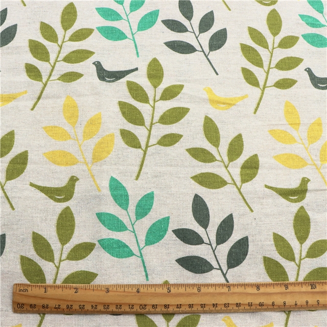 yellow twig bird linen printed fabric