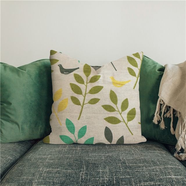 yellow twig bird linen printed fabric