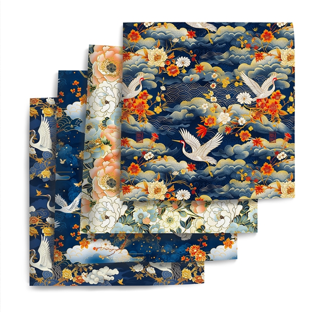 polyester cotton crane flower series polyester cotton fabric set (4 pcs/set)