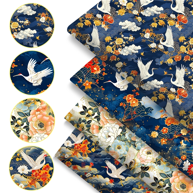 polyester cotton crane flower series polyester cotton fabric set (4 pcs/set)