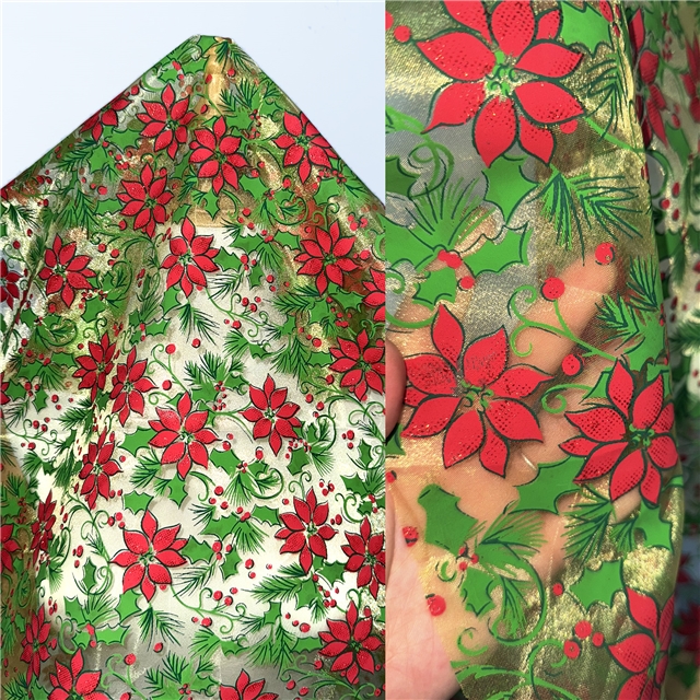 glitter ink printing christmas flower organza fabric