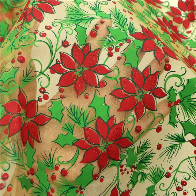 glitter ink printing christmas flower organza fabric