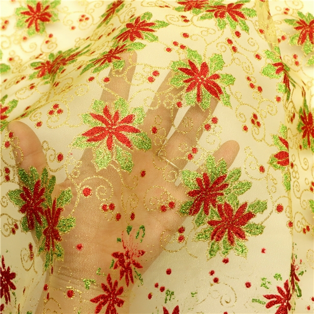 christmas flower glitter organza fabric