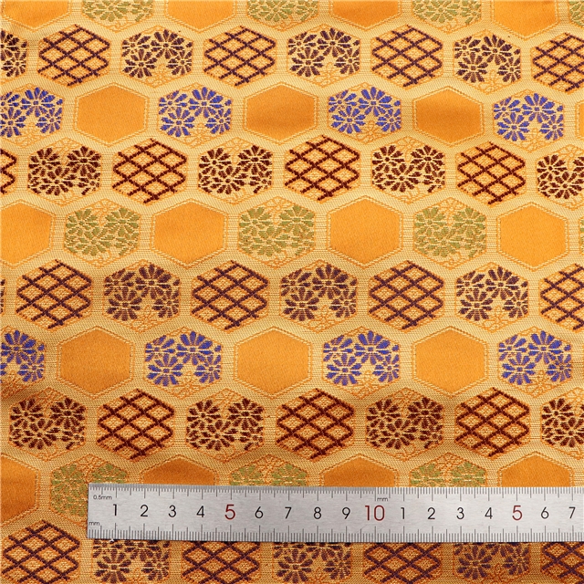 chinese style hexagonal woven satin gold and silver silk jacquard fabric