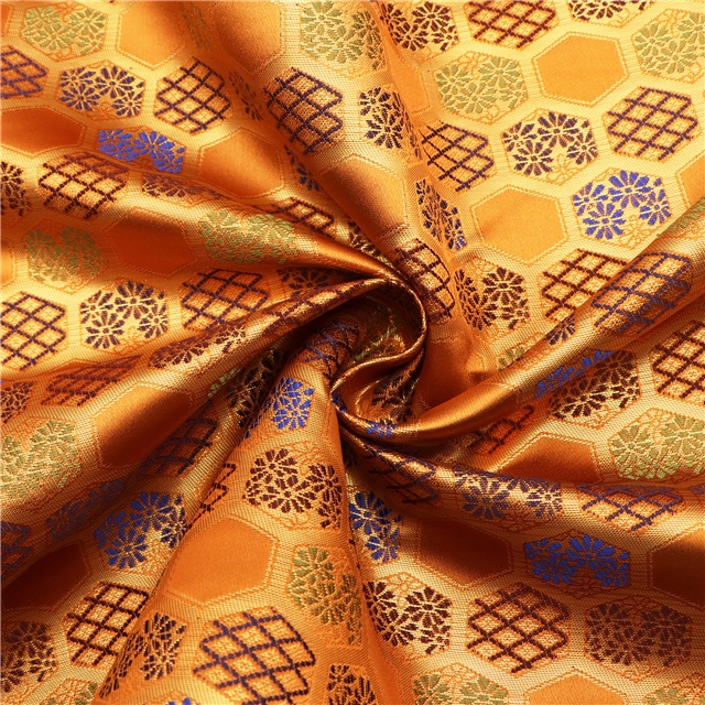 chinese style hexagonal woven satin gold and silver silk jacquard fabric