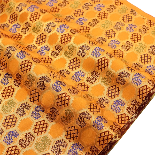 chinese style hexagonal woven satin gold and silver silk jacquard fabric