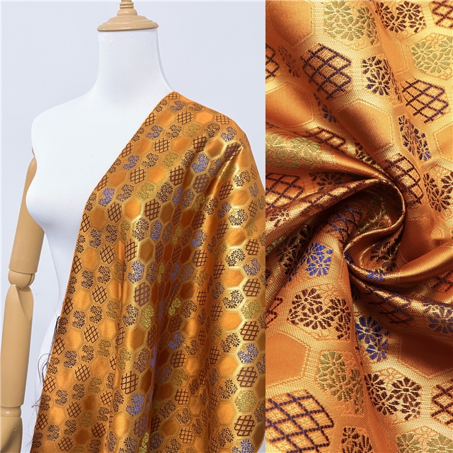 chinese style hexagonal woven satin gold and silver silk jacquard fabric