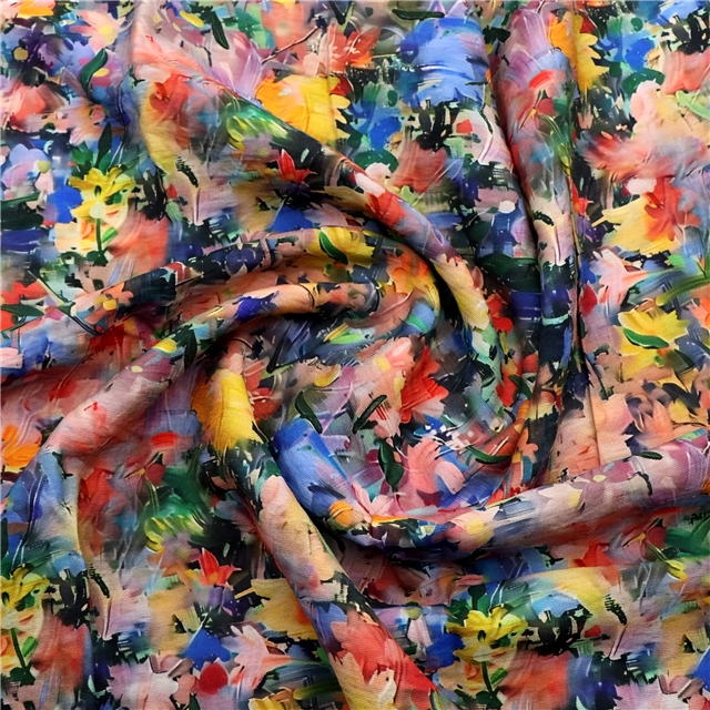 painting style printed pleated polyester fabric