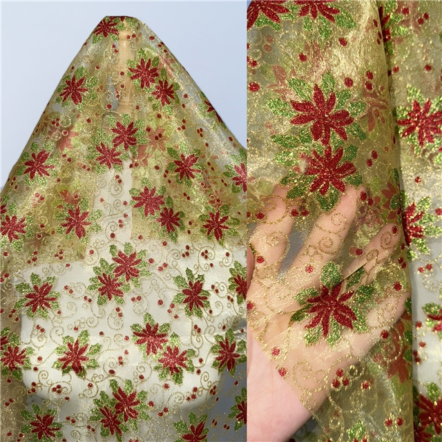 christmas flower glitter organza fabric
