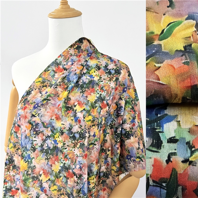 painting style printed pleated polyester fabric