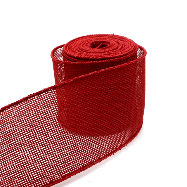 heat transfer printed linen linen wire edged ribbon dark red,63mm(2-1/2