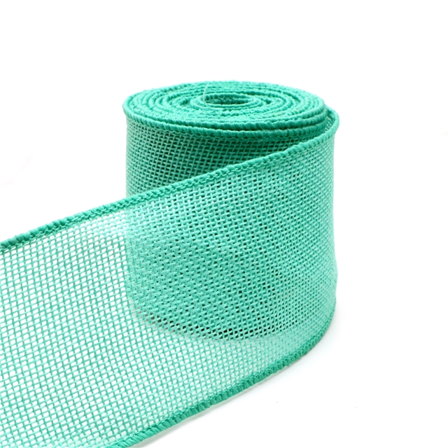 heat transfer printed linen linen wire edged ribbon blue green,63mm(2-1/2