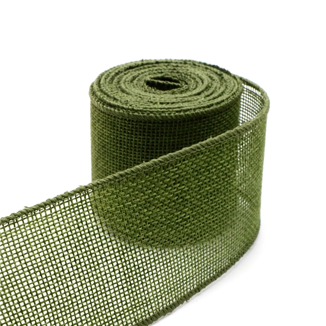 heat transfer printed linen linen wire edged ribbon army green,50mm(2