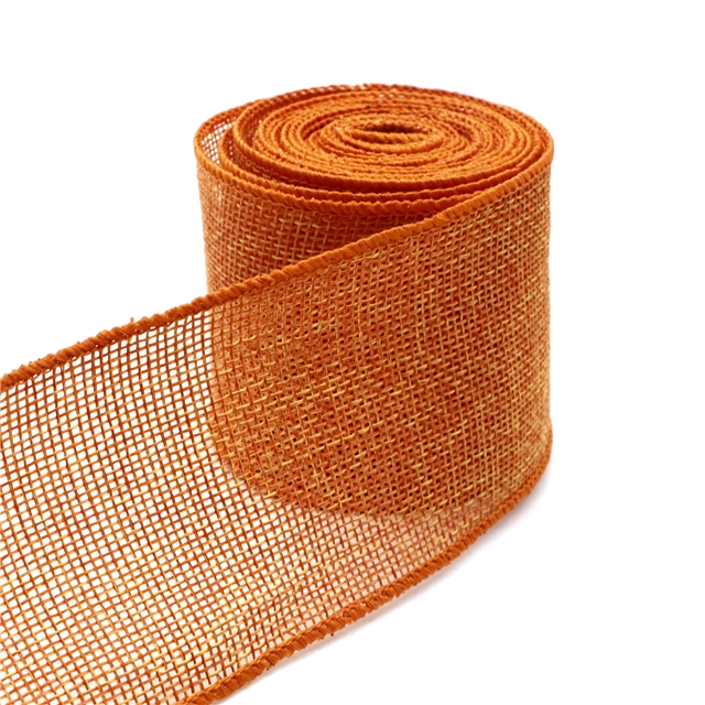 heat transfer printed linen linen wire edged ribbon dark orange,63mm(2-1/2