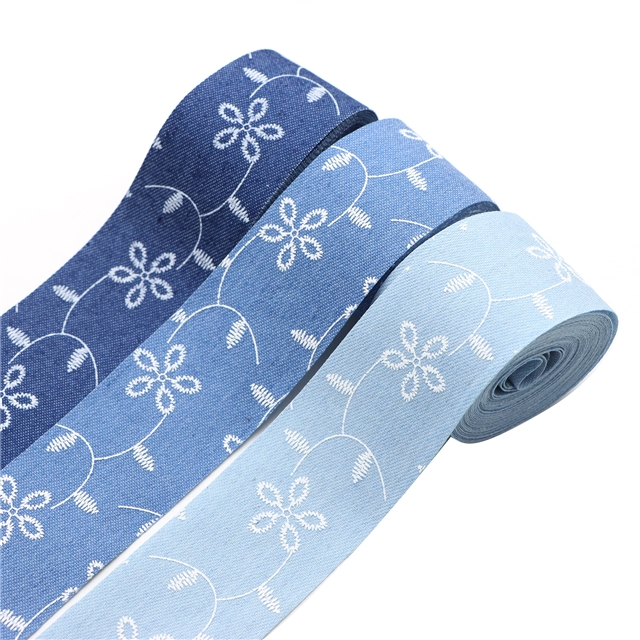 single sided embroidered small flower denim fabric ribbon(50 yards/roll) dark blue,38mm(1-1/2