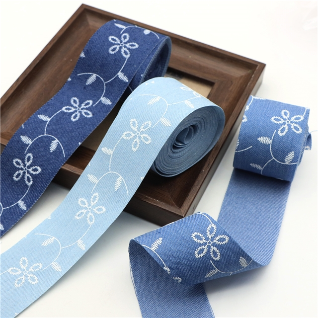 single sided embroidered small flower denim fabric ribbon(50 yards/roll) dark blue,38mm(1-1/2