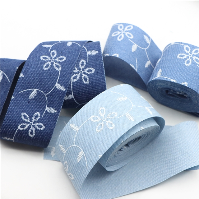 single sided embroidered small flower denim fabric ribbon(50 yards/roll) dark blue,38mm(1-1/2