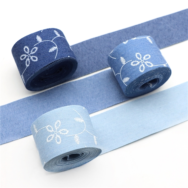single sided embroidered small flower denim fabric ribbon(50 yards/roll) dark blue,38mm(1-1/2