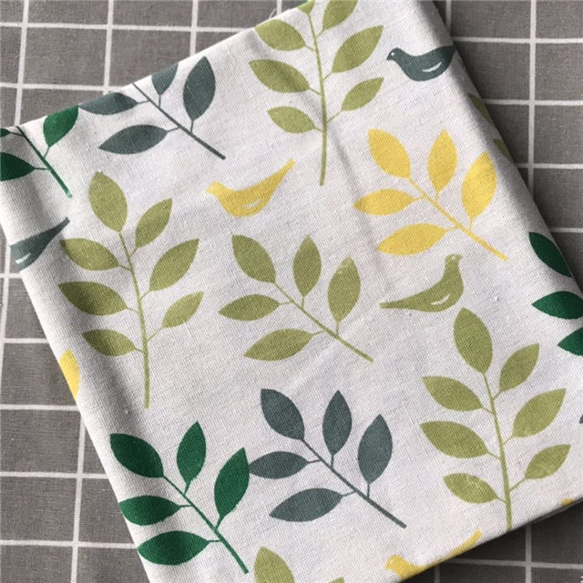 yellow twig bird linen printed fabric