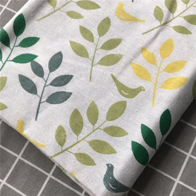 yellow twig bird linen printed fabric