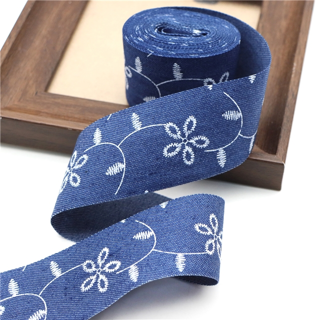 single sided embroidered small flower denim fabric ribbon(50 yards/roll) dark blue,38mm(1-1/2