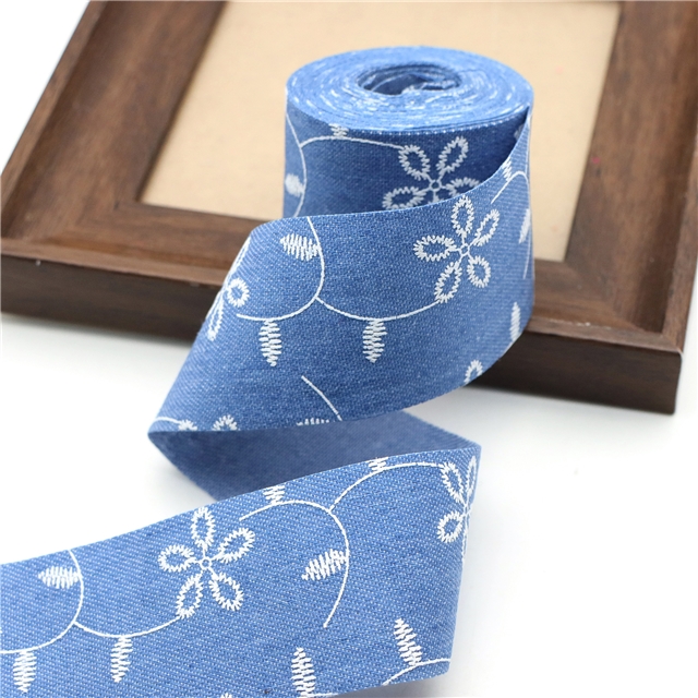single sided embroidered small flower denim fabric ribbon(50 yards/roll) dark blue,38mm(1-1/2