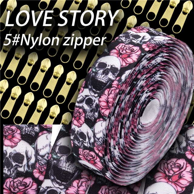 nylon 5# reverse rose skull nylon zipper set (zipper 4.5 meters+10 zipper heads）