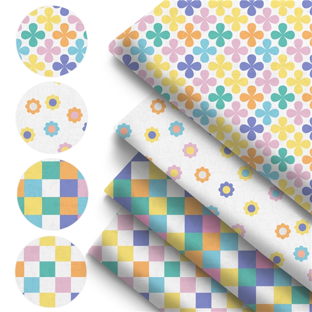 polyester cotton colorful checkered flowers series polyester cotton fabric set (4 pcs/set)