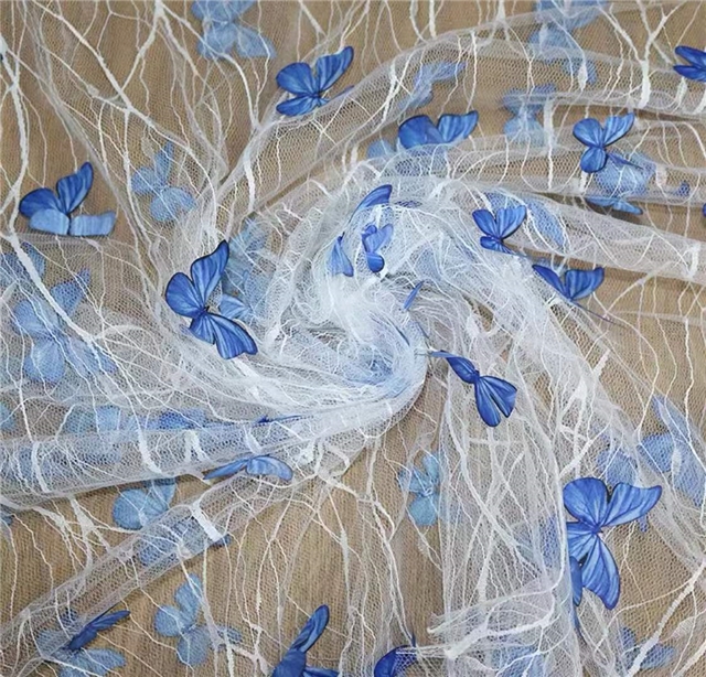 polyester yarn three dimensional butterfly embroidery lace mesh fabric