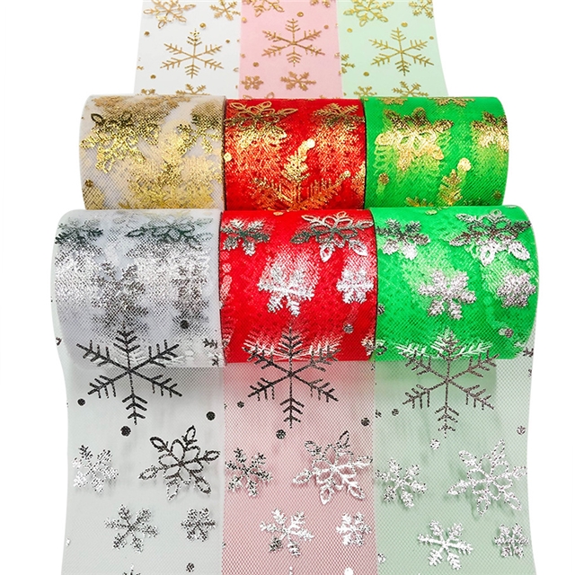 100% polyester hot stamping christmas snowflake mesh roll