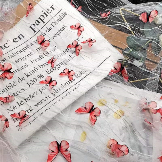 polyester yarn three dimensional butterfly embroidery lace mesh fabric