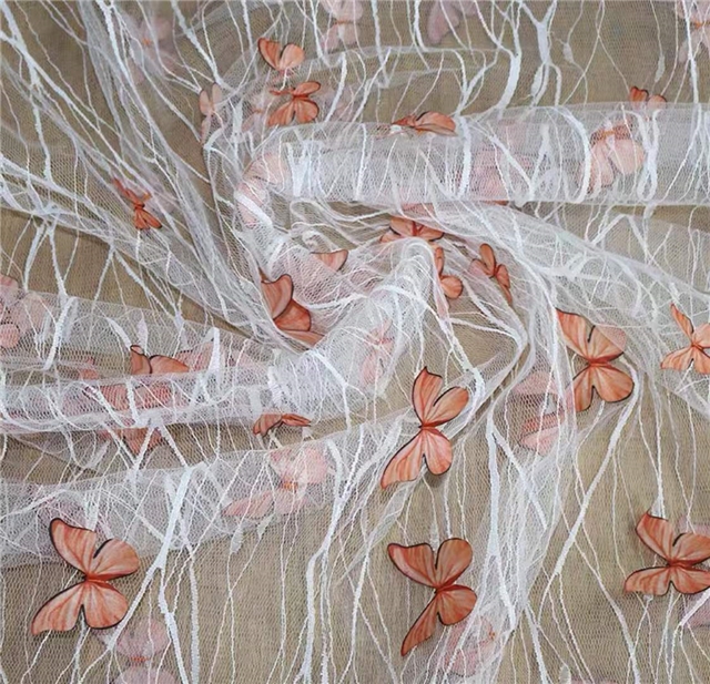 polyester yarn three dimensional butterfly embroidery lace mesh fabric