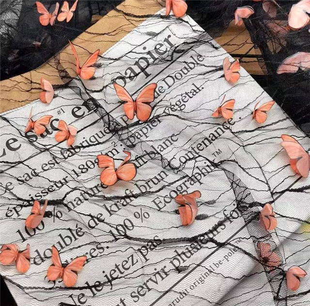 polyester yarn three dimensional butterfly embroidery lace mesh fabric