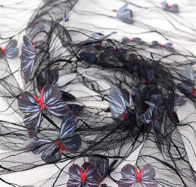 polyester yarn three dimensional butterfly embroidery lace mesh fabric
