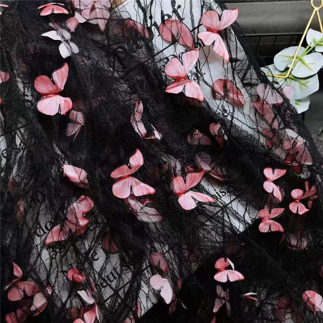 polyester yarn three dimensional butterfly embroidery lace mesh fabric