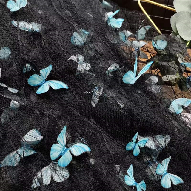 polyester yarn three dimensional butterfly embroidery lace mesh fabric