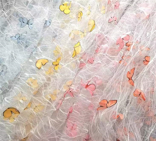 polyester yarn three dimensional butterfly embroidery lace mesh fabric