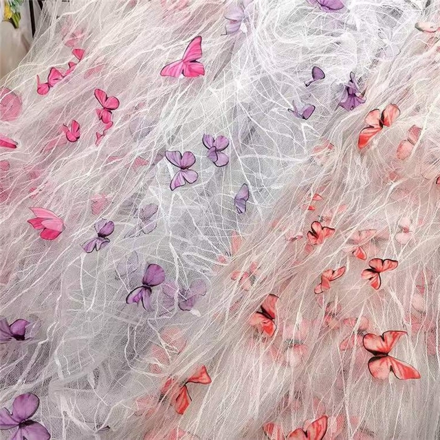 polyester yarn three dimensional butterfly embroidery lace mesh fabric
