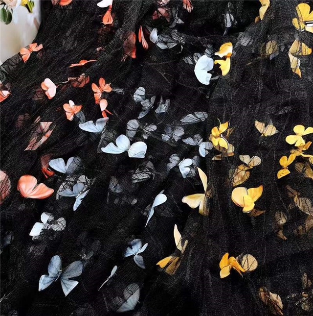 polyester yarn three dimensional butterfly embroidery lace mesh fabric