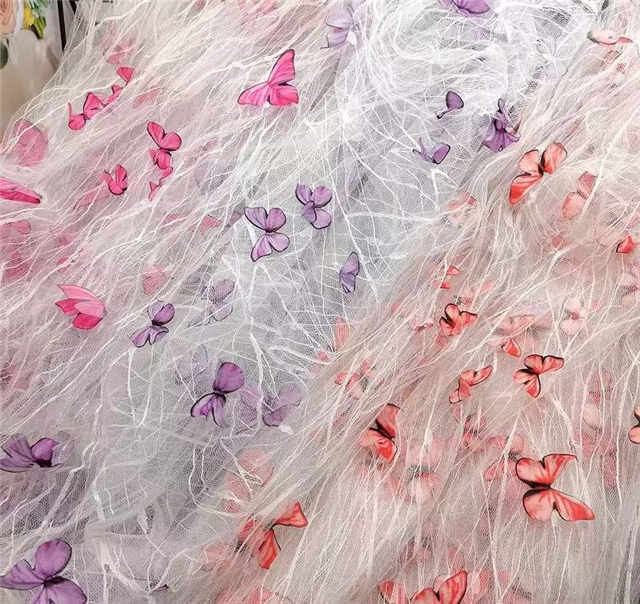 polyester yarn three dimensional butterfly embroidery lace mesh fabric